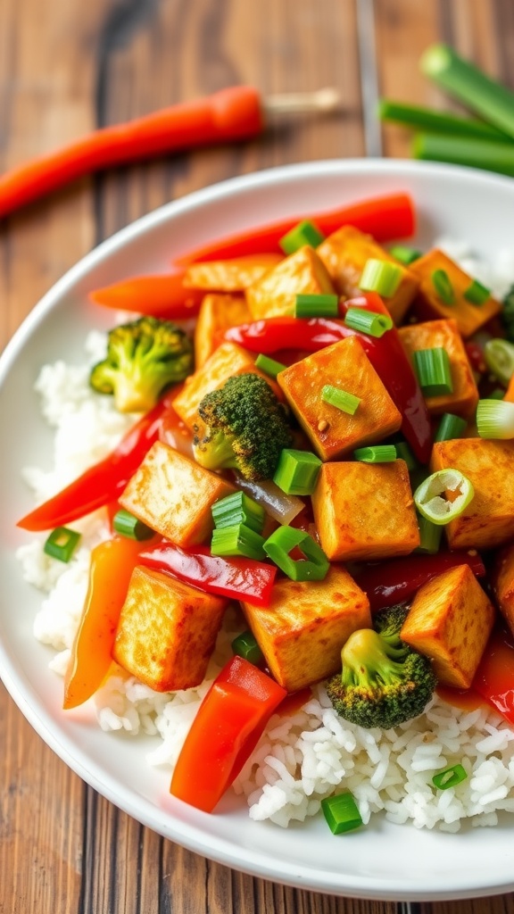 A vibrant stir-fry of spicy tempeh, bell peppers, broccoli, and carrots served over rice, garnished with green onions and sesame seeds.